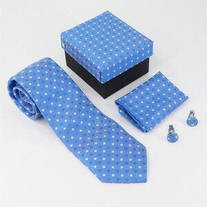 NEW 3 Pc Boxed Gift Tie Set Coordinated Print Cuff Links Pocket Square Blue